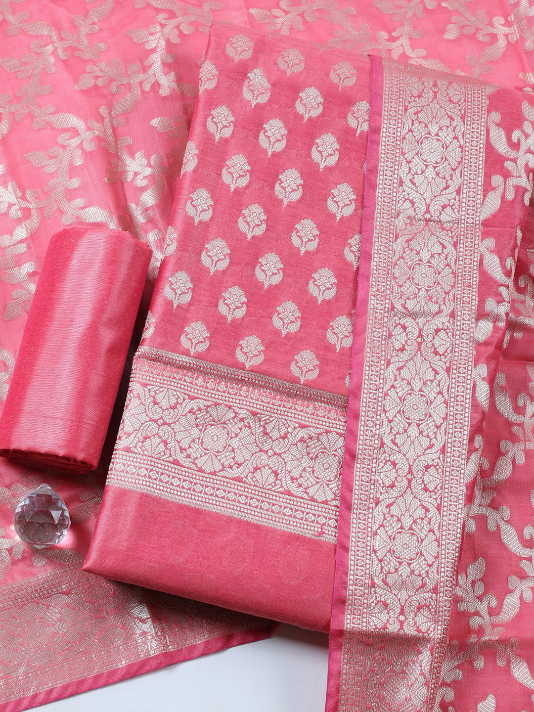 Banarasi Chanderi Unstitched Suit With Pant &amp; Dupatta