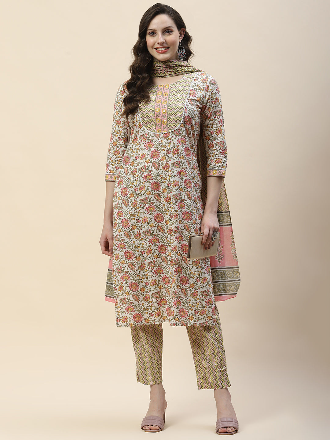 Floral Print Cotton Suit Set With Dupatta
