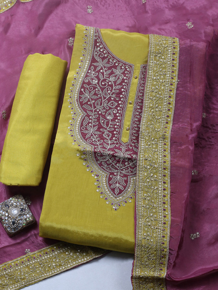 Embroidered Chanderi Unstitched Suit With Pant &amp; Dupatta