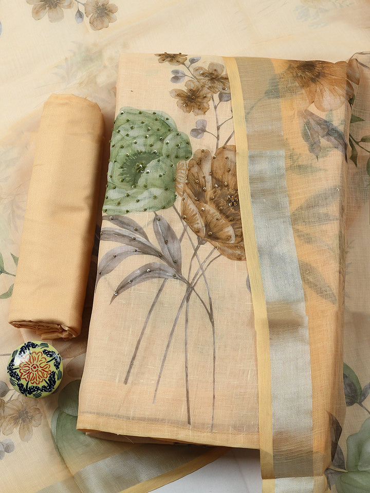 Embroidered Linen Blend Unstitched Suit With Pant &amp; Dupatta
