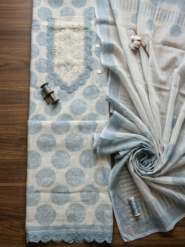 Embroidered Linen Blend Unstitched Suit With Pant &amp; Dupatta