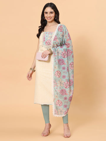 Neck Embroidered Cotton Blend Unstitched Suit Piece With Dupatta