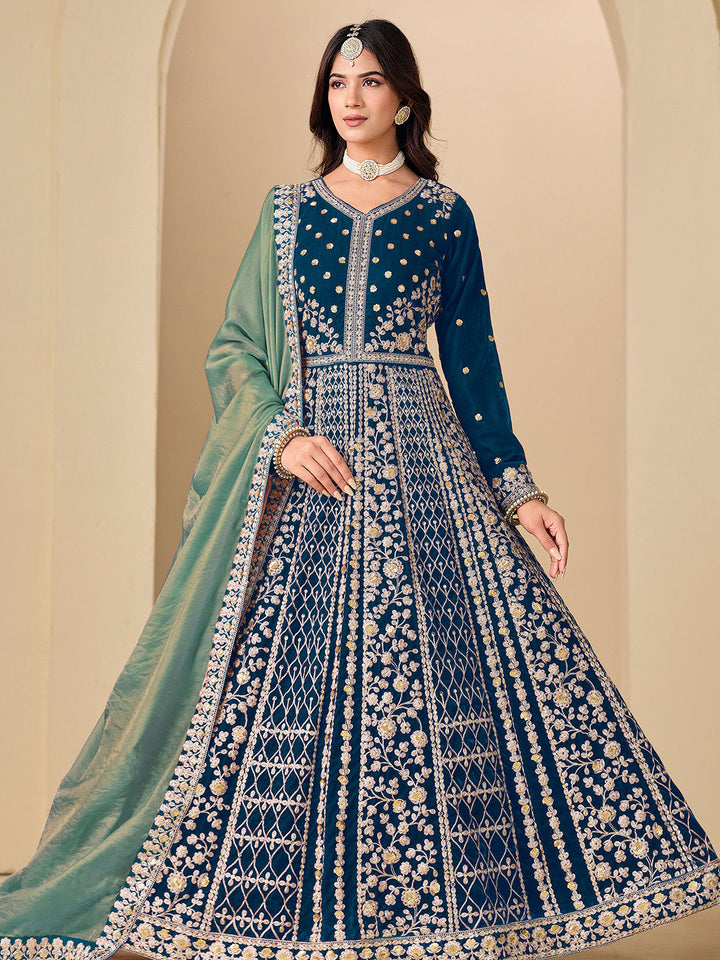 Embroidered Velvet Semi Stitched Kurta With Pant &amp; Dupatta