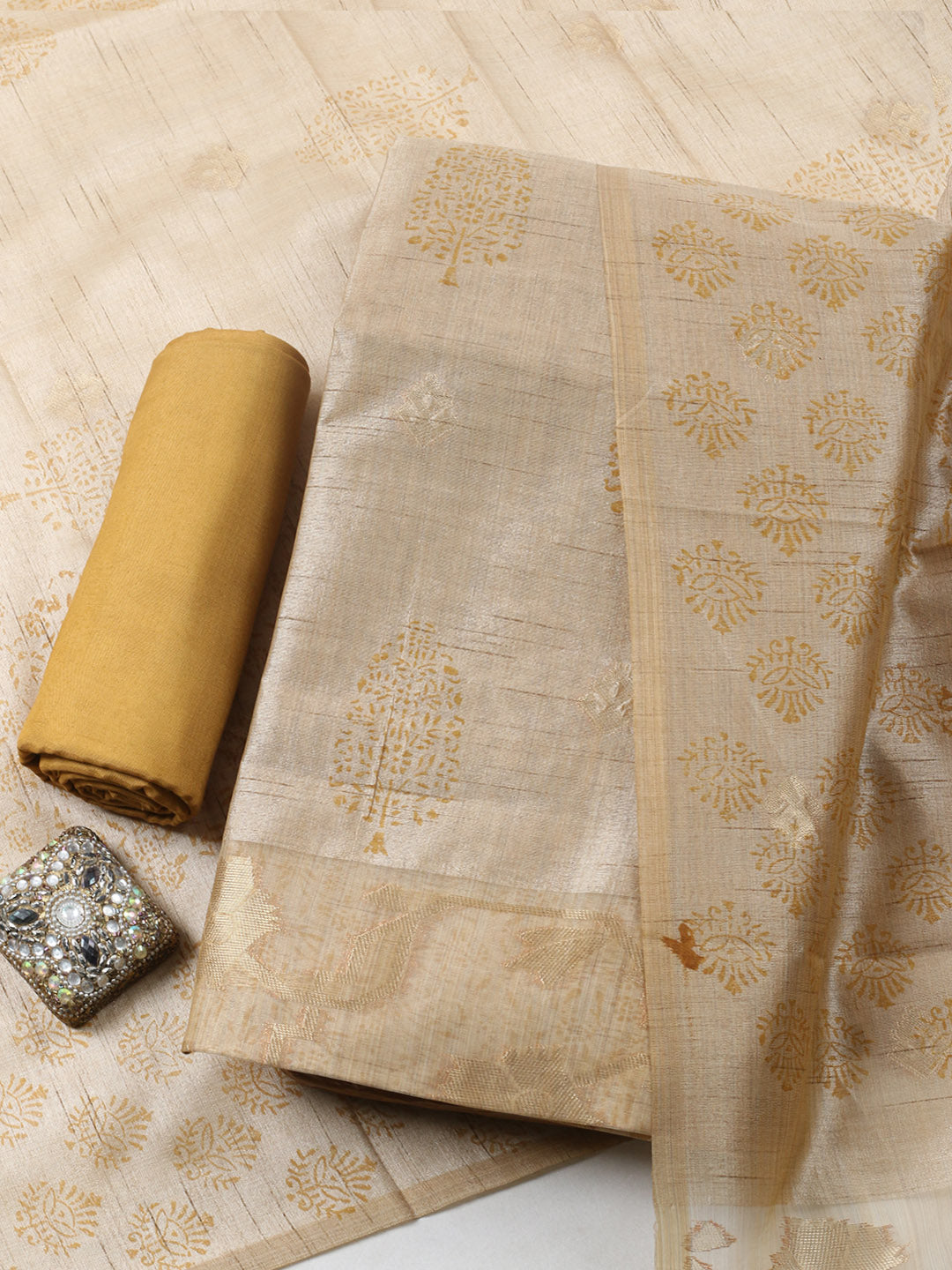 Printed Cotton Blend Unstitched Suit With Pant &amp; Dupatta