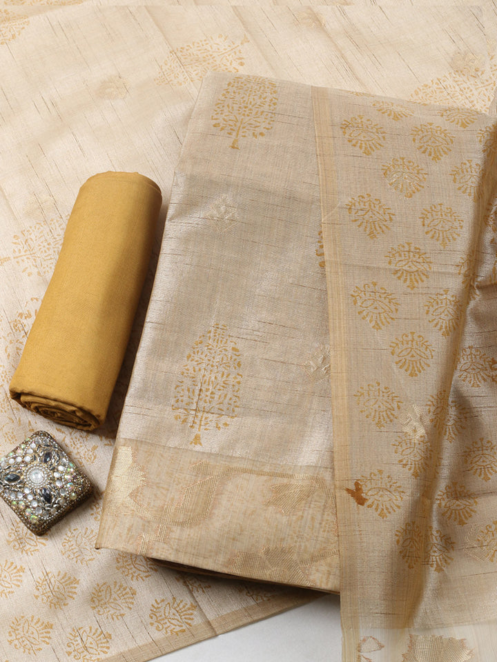 Printed Cotton Blend Unstitched Suit With Pant &amp; Dupatta