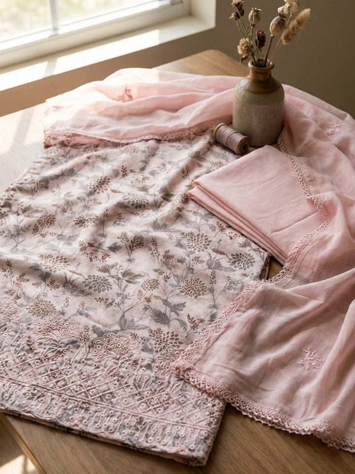 Embroidered Cotton Blend Unstitched Suit With Pant &amp; Dupatta
