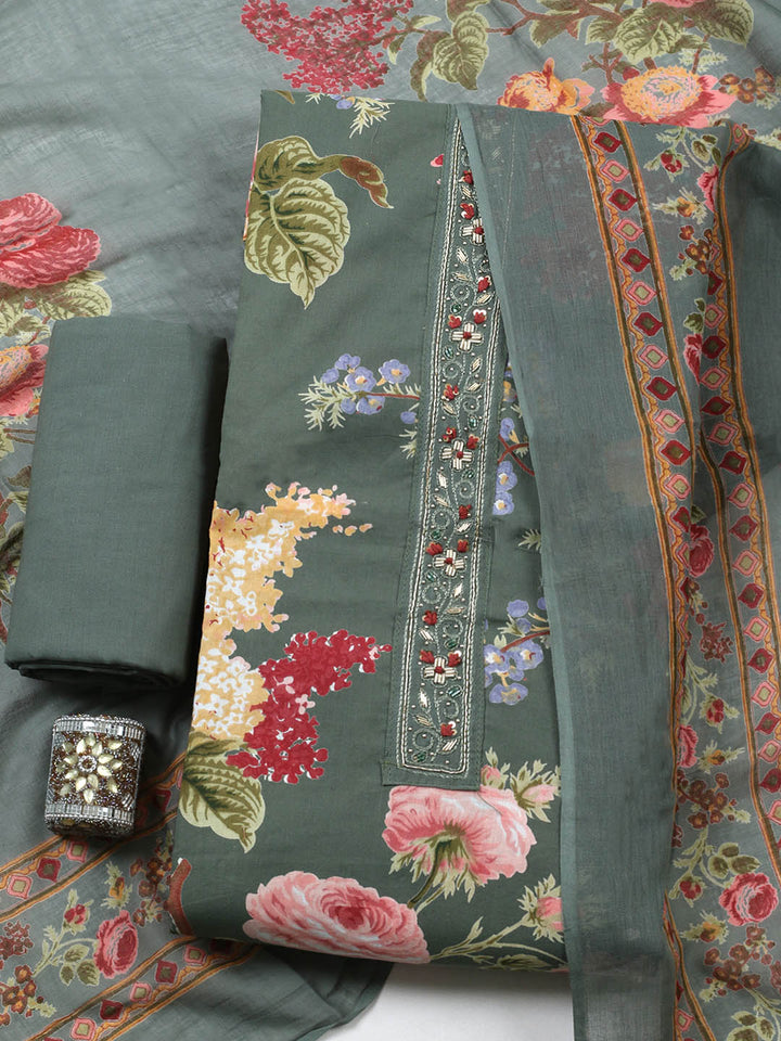 Embroidered Cotton Blend Unstitched Suit With Pant &amp; Dupatta