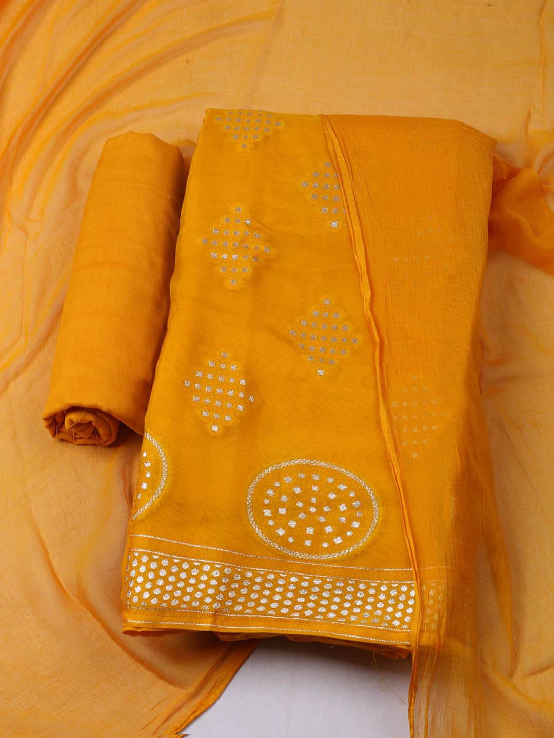 Embroidered Chanderi Unstitched Suit With Pant &amp; Dupatta