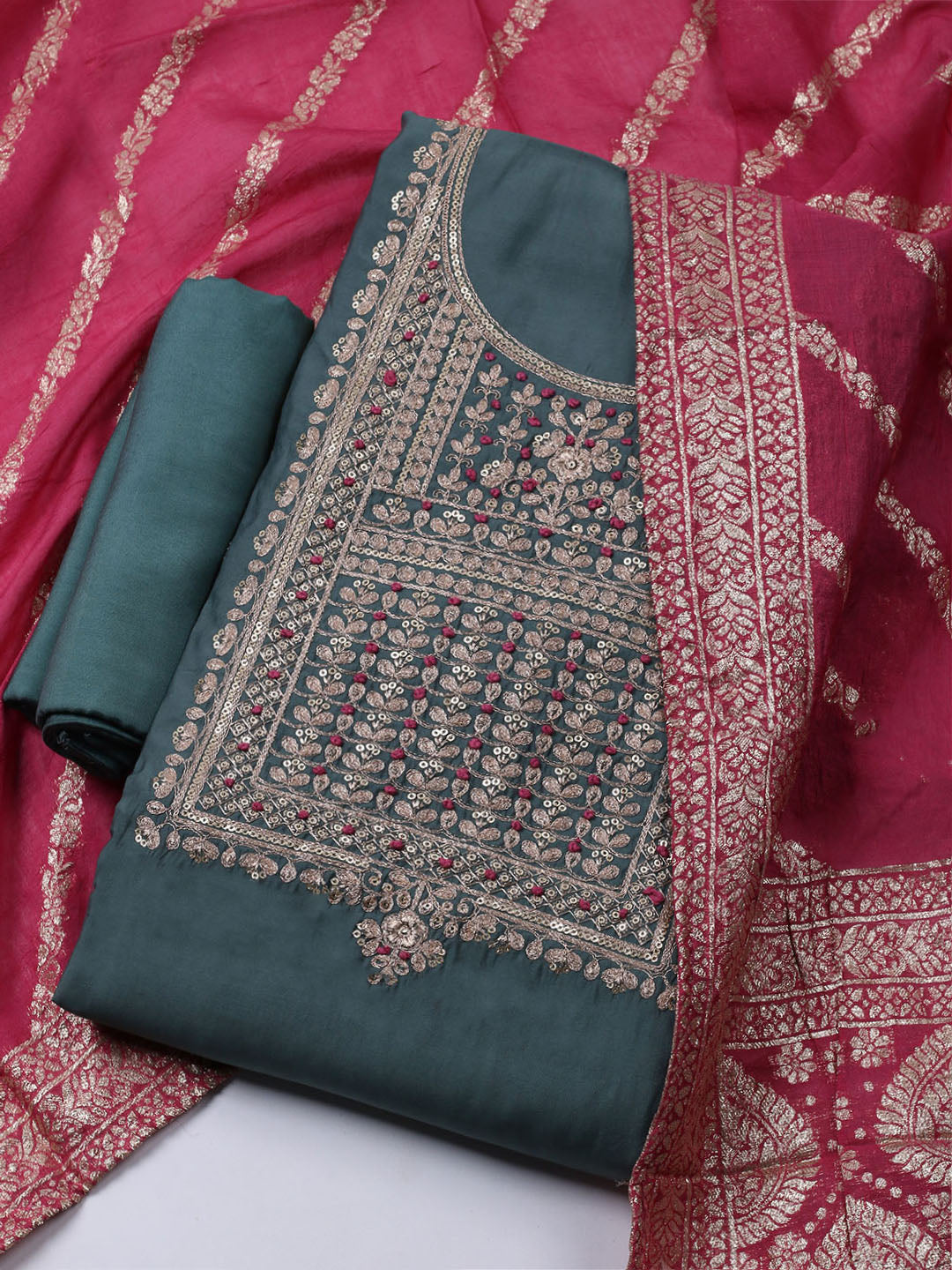 Embroidered Chanderi Unstitched Suit Piece With Dupatta
