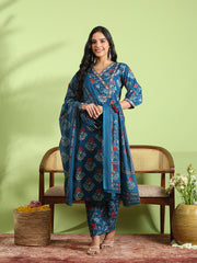 Printed Cotton Kurta With Pant & Dupatta