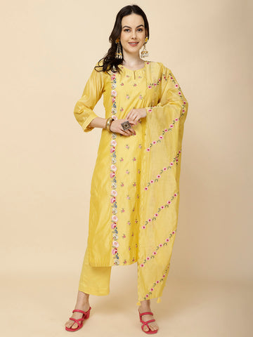 Resham Booti Embroidery Chanderi Suit Set With Dupatta