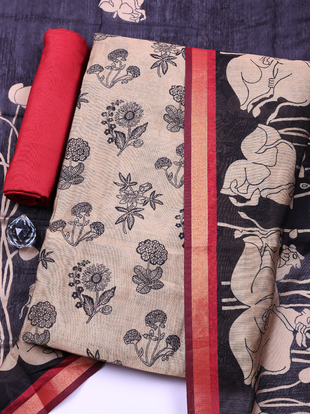 Printed Chanderi Unstitched Suit With Pant &amp; Dupatta