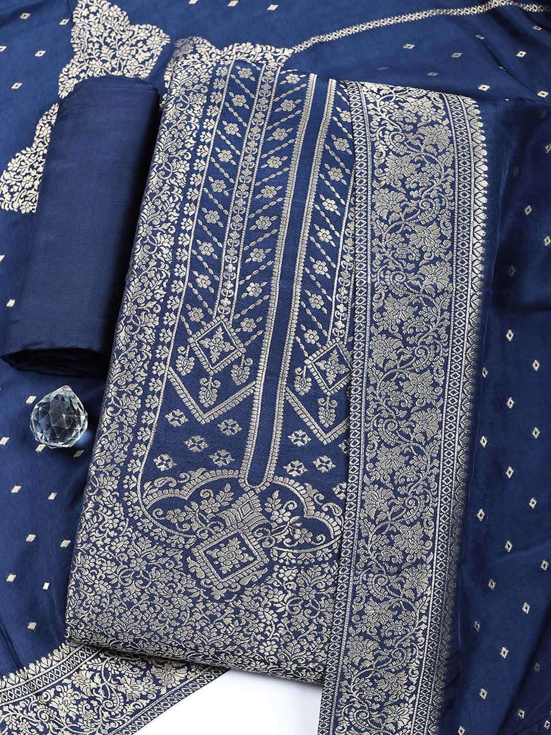 Woven Design Chanderi Unstitched Suit With Pant &amp; Dupatta