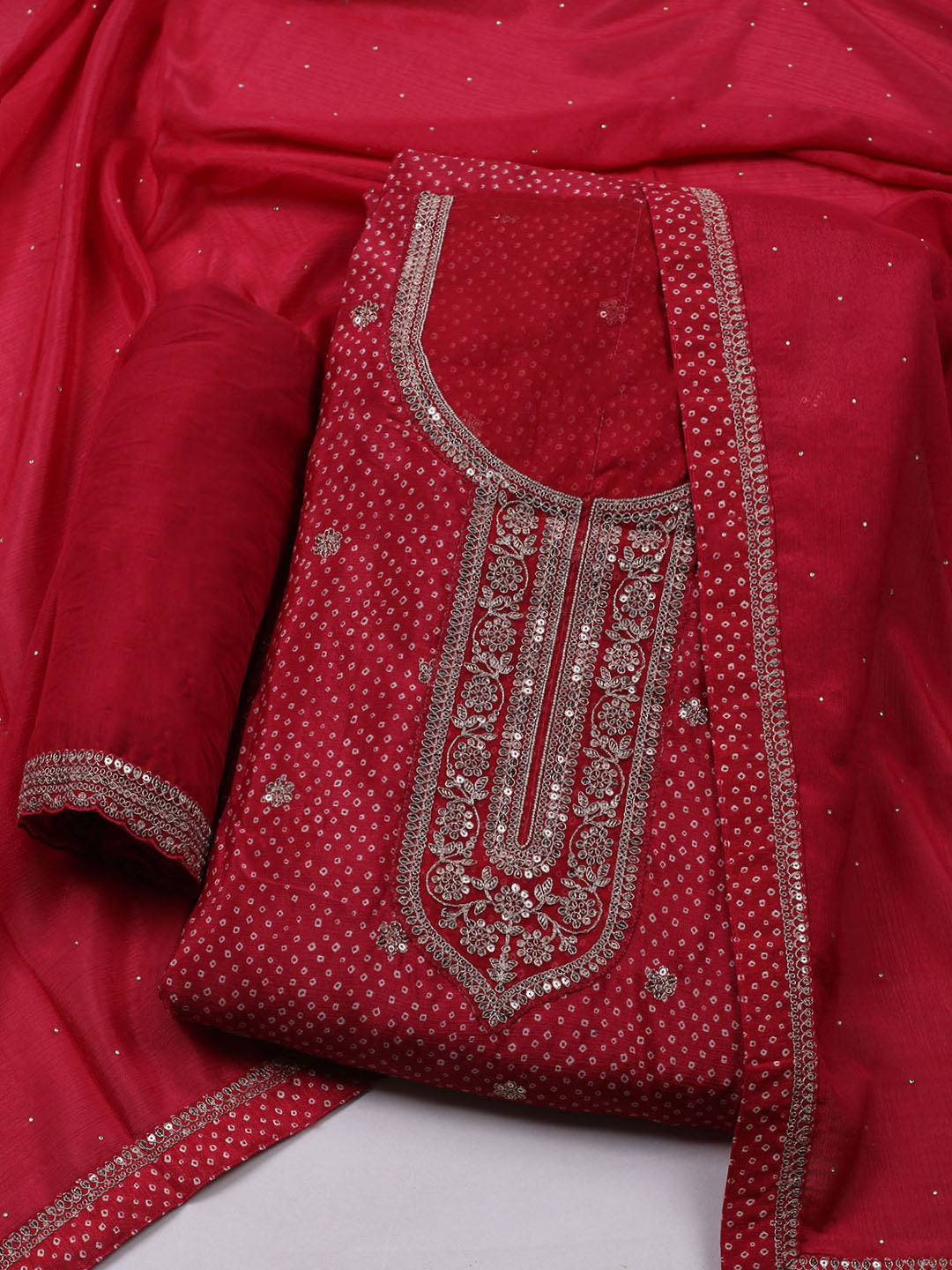 Embroidered Art Silk Unstitched Suit With Dupatta