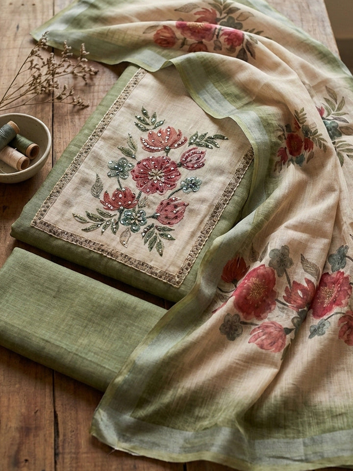 Embroidered Cotton Blend Unstitched Suit With Pant &amp; Dupatta