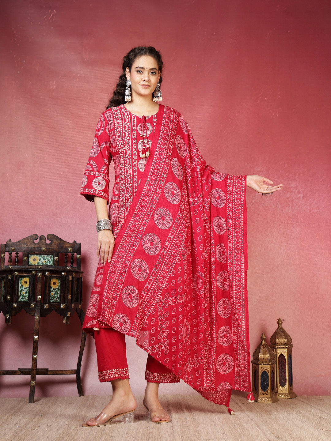 Printed Cotton Blend Kurta With Pants & Dupatta