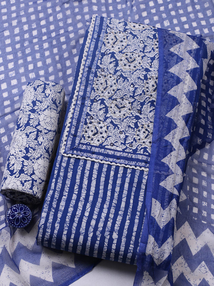 Embroidered Cotton Blend Unstitched Suit With Pant &amp; Dupatta