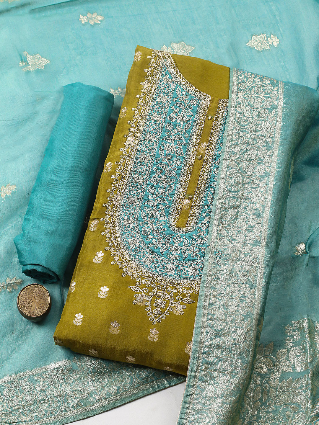 Embroidered Chanderi Unstitched Suit With Pant &amp; Dupatta