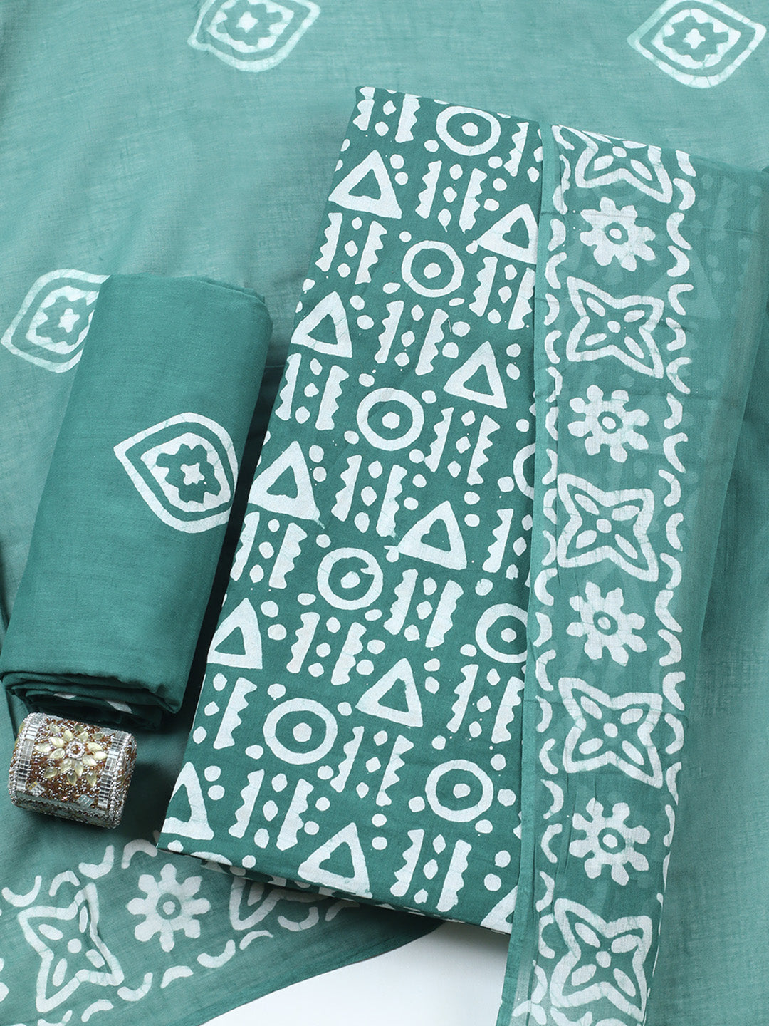 Printed Cotton Blend Unstitched Suit With Pant &amp; Dupatta