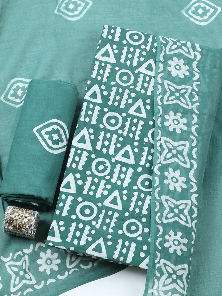 Printed Cotton Blend Unstitched Suit With Pant &amp; Dupatta
