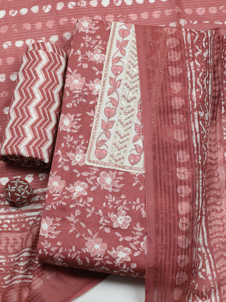 Printed Cotton Blend Unstitched Suit With Pant &amp; Dupatta