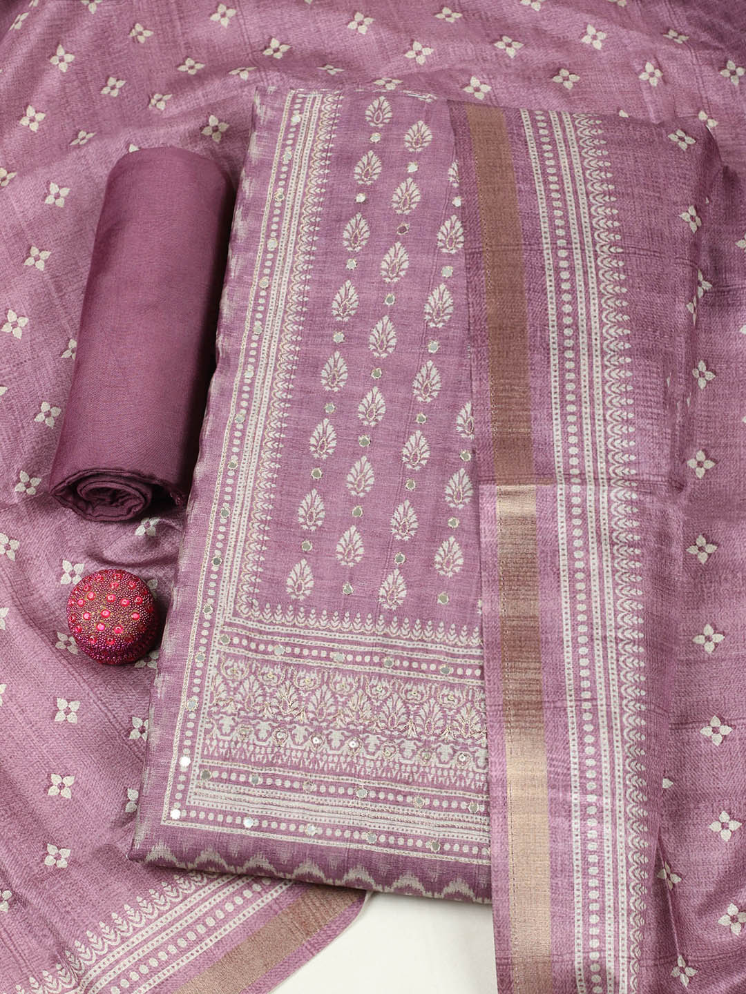 Embroidered Chanderi Unstitched Suit With Pant &amp; Dupatta