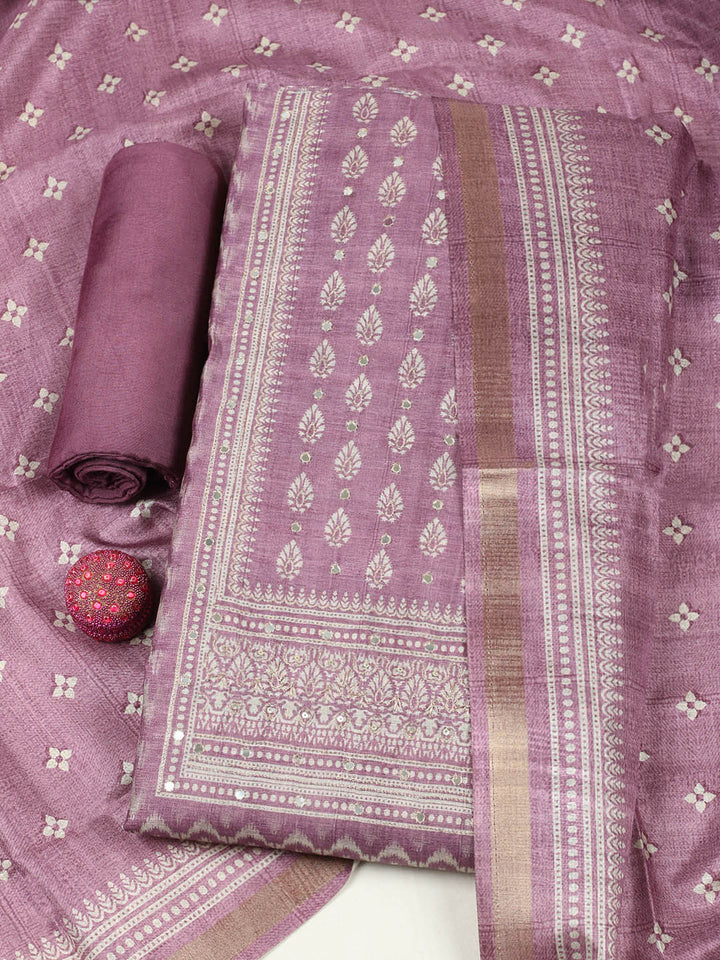 Embroidered Chanderi Unstitched Suit With Pant &amp; Dupatta