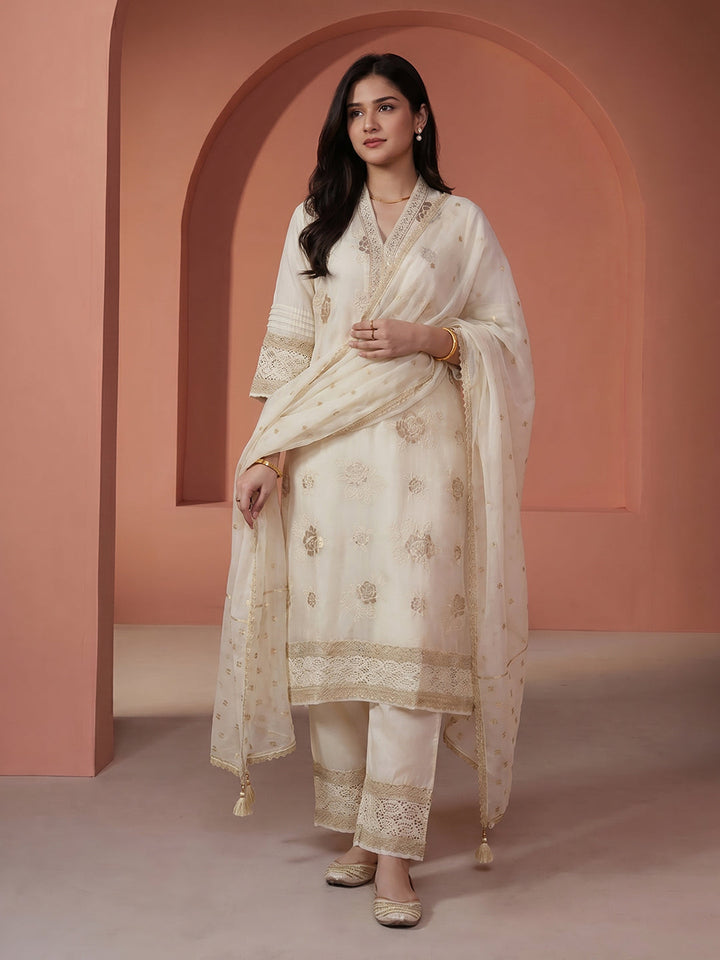 Embroidered Chanderi Suit Set With Dupatta