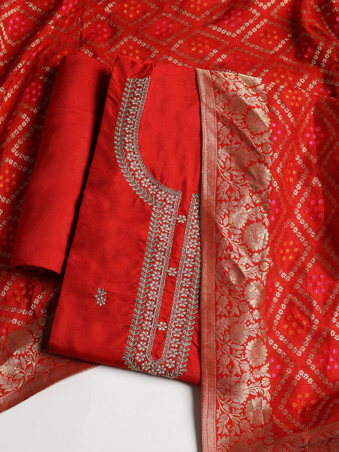 Neck Embroidered Chanderi Unstitched Suit With Dupatta