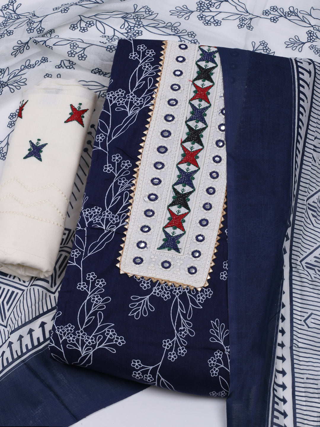 Printed Cotton Blend Unstitched Suit With Dupatta