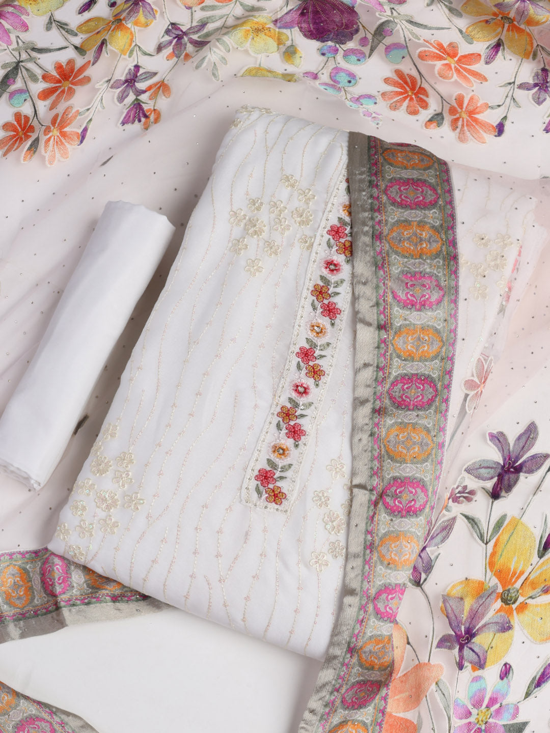 Embroidered Chinon Unstitched Suit With Dupatta