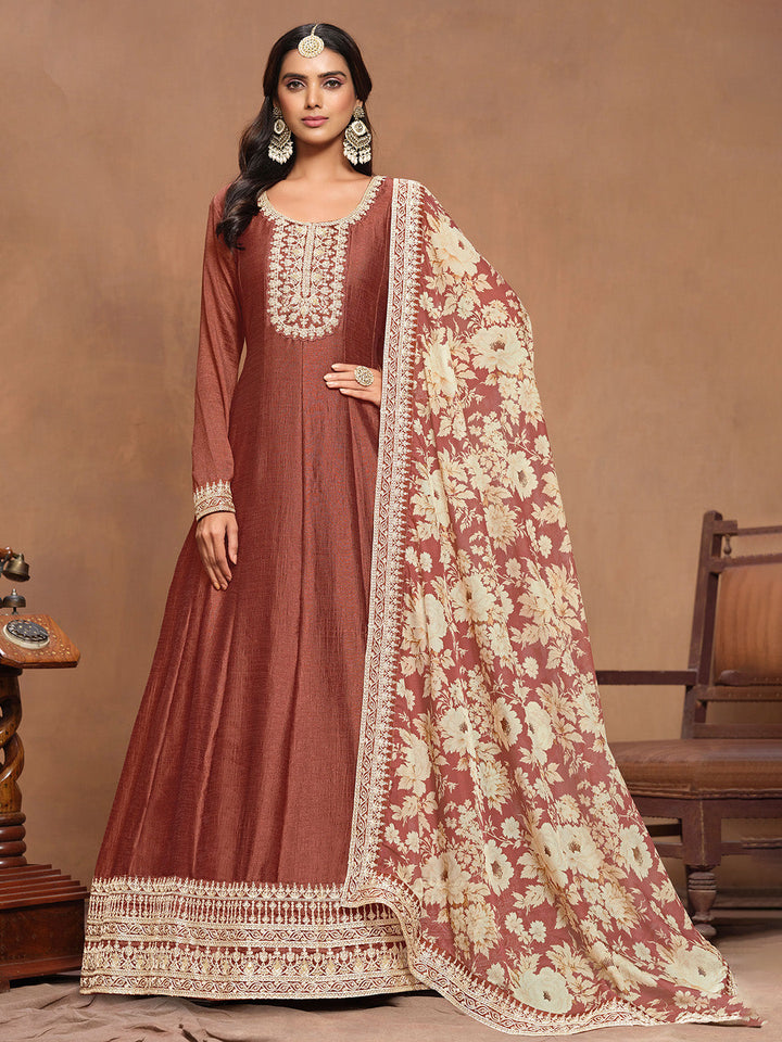 Embroidered Art Silk Semi Stitched Gown With Dupatta
