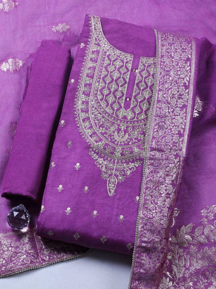 Embroidered Chanderi Unstitched Suit With Pant &amp; Dupatta