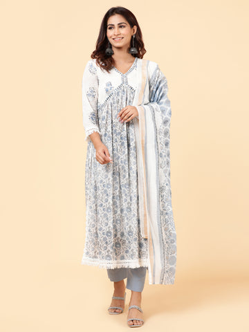 Floral Printed Lace Cotton Kurta With Pants & Dupatta