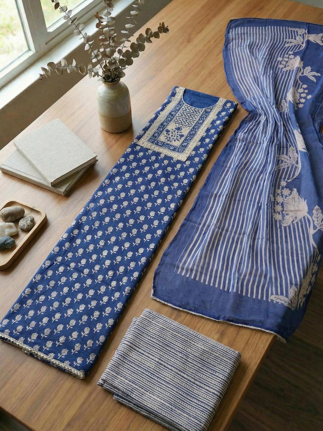 Embroidered Cotton Blend Unstitched Suit With Pant &amp; Dupatta