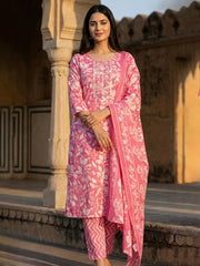 Printed Cotton Blend Kurta With Pant & Dupatta