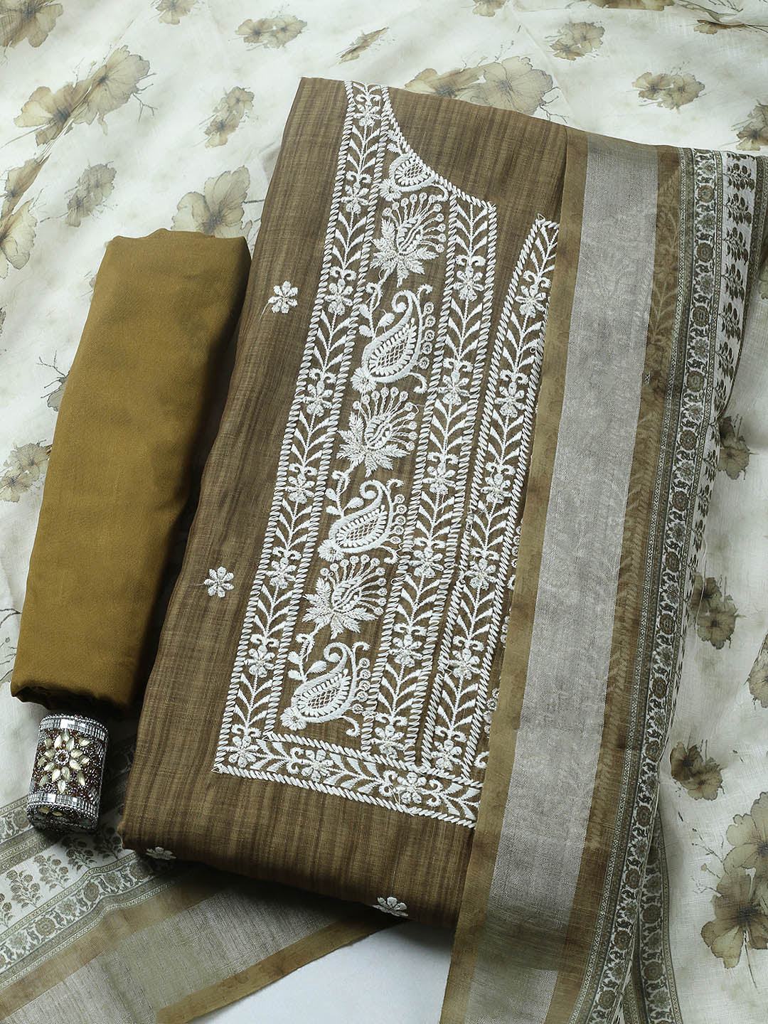 Embroidered Linen Blend Unstitched Suit With Pant &amp; Dupatta
