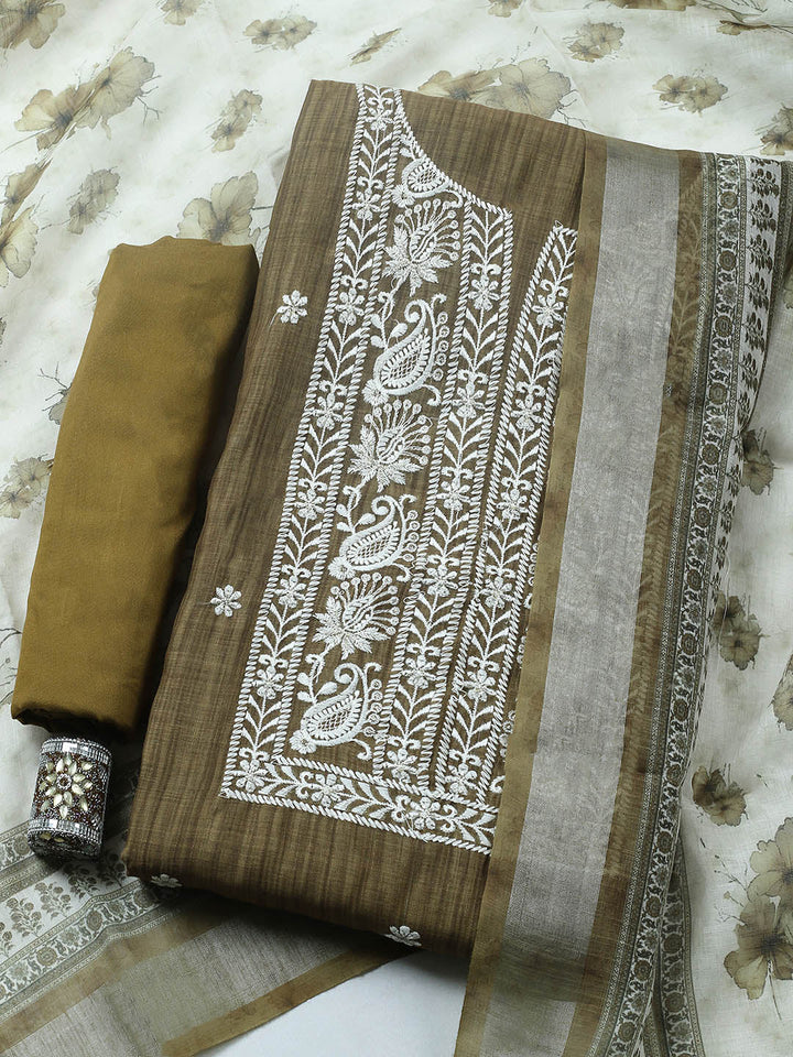 Embroidered Linen Blend Unstitched Suit With Pant &amp; Dupatta