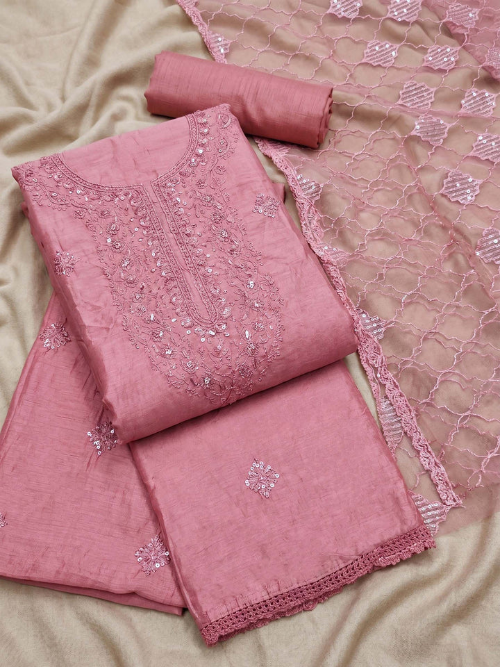 Neck Embroidered Chanderi Unstitched Suit With Dupatta