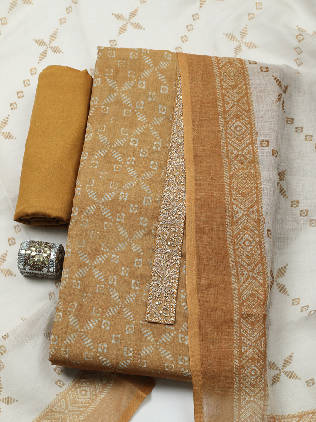 Embroidered Cotton Blend Unstitched Suit With Pant &amp; Dupatta