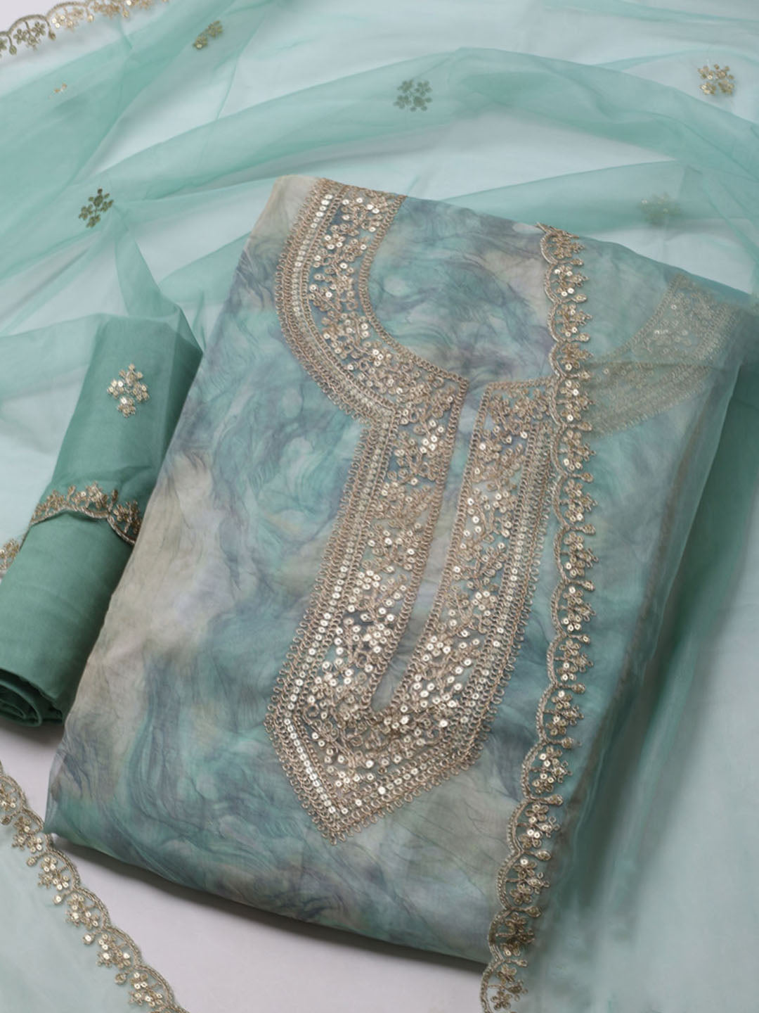 Neck Embroidered Organza Unstitched Suit With Dupatta