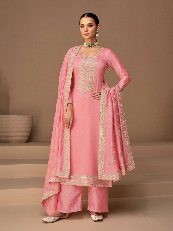 Embroidered Silk Semi Stitched Suit With Pant &amp; Dupatta