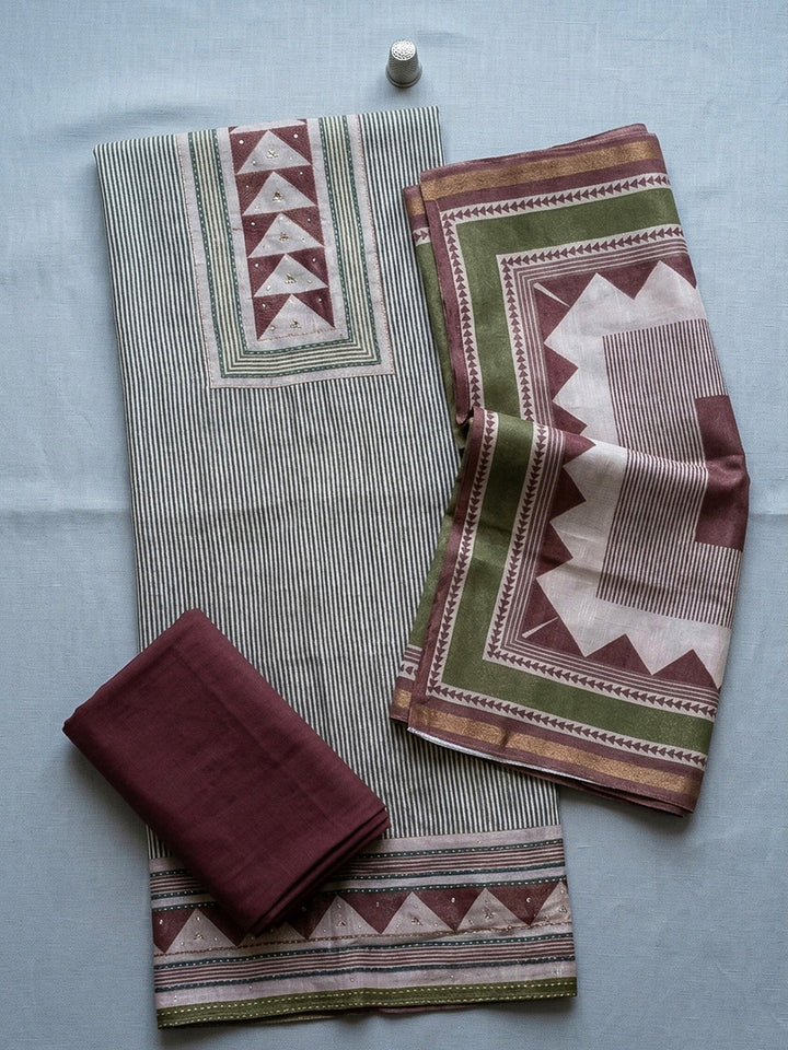Printed Linen Blend Unstitched Suit With Pant &amp; Dupatta