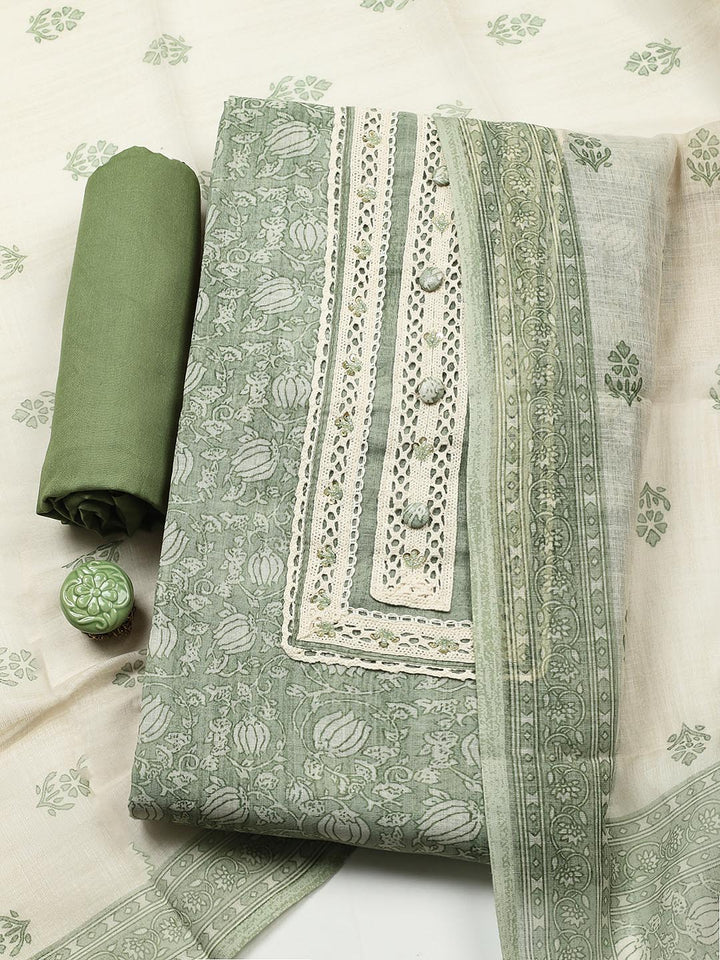 Embroidered Cotton Blend Unstitched Suit With Pant &amp; Dupatta