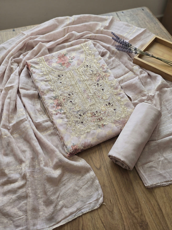 Embroidered Chanderi Unstitched Suit With Pant &amp; Dupatta