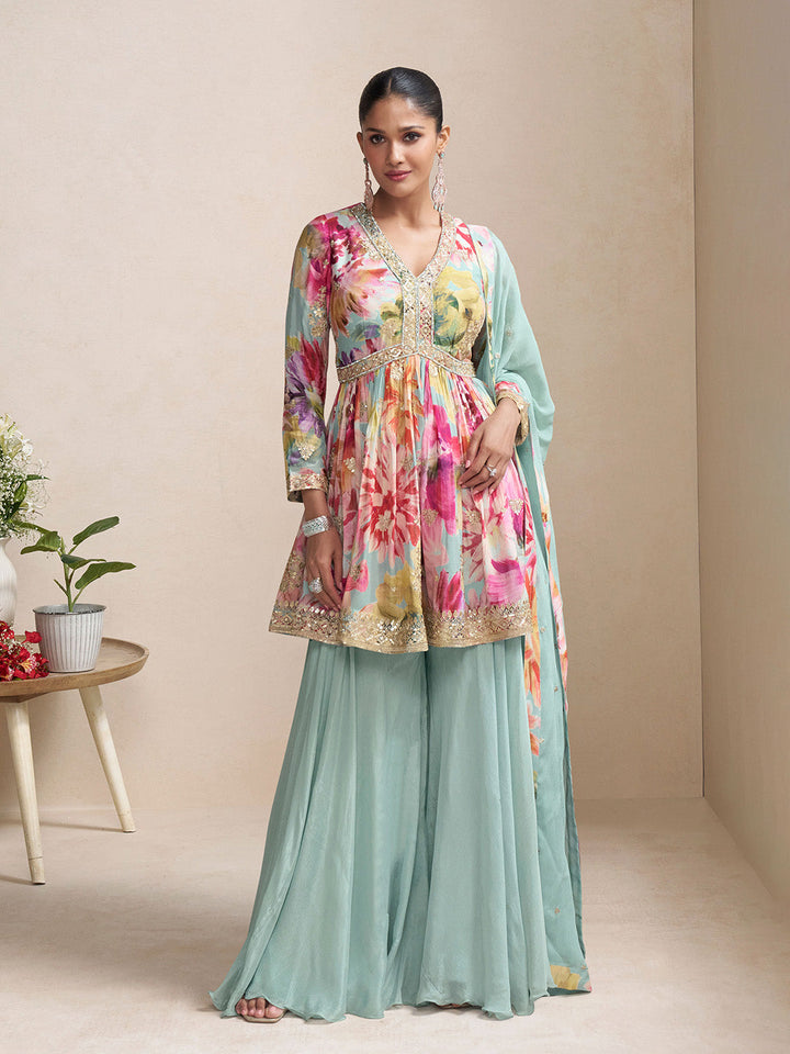 Embroidered Chinnon Kurti With Gharara &amp; Dupatta