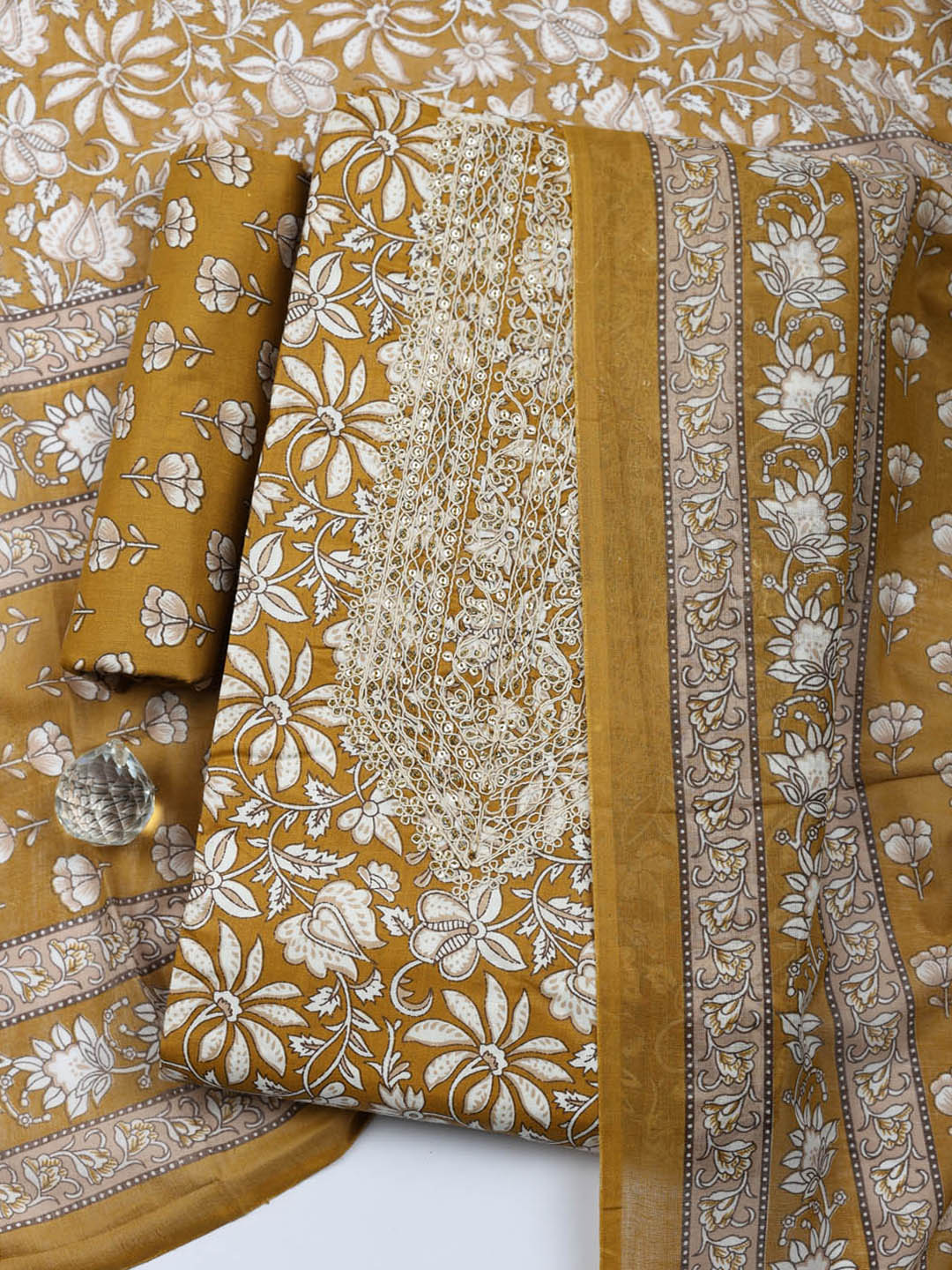 Printed Cotton Blend Unstitched Suit With Pant &amp; Dupatta