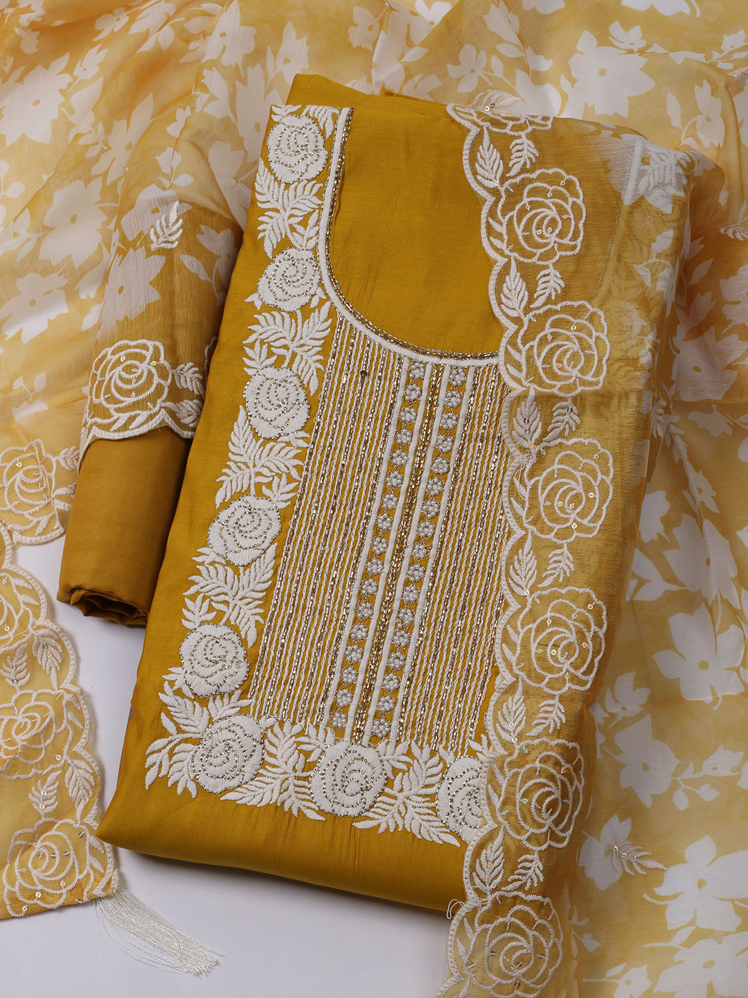 Neck Embroidered Chanderi Unstitched Suit With Dupatta