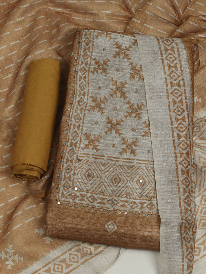 Printed Chanderi Unstitched Suit With Pant &amp; Dupatta