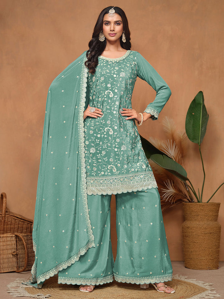 Embroidered Chinnon Semi Stitched Kurta With Plazzo &amp; Dupatta